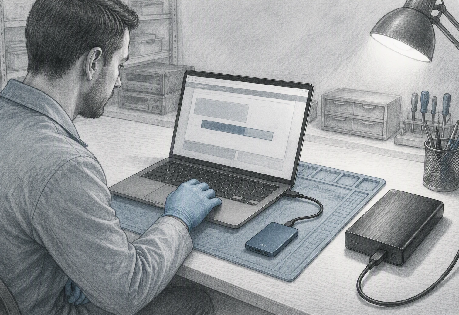 Technician scans external SSD with backup drive nearby