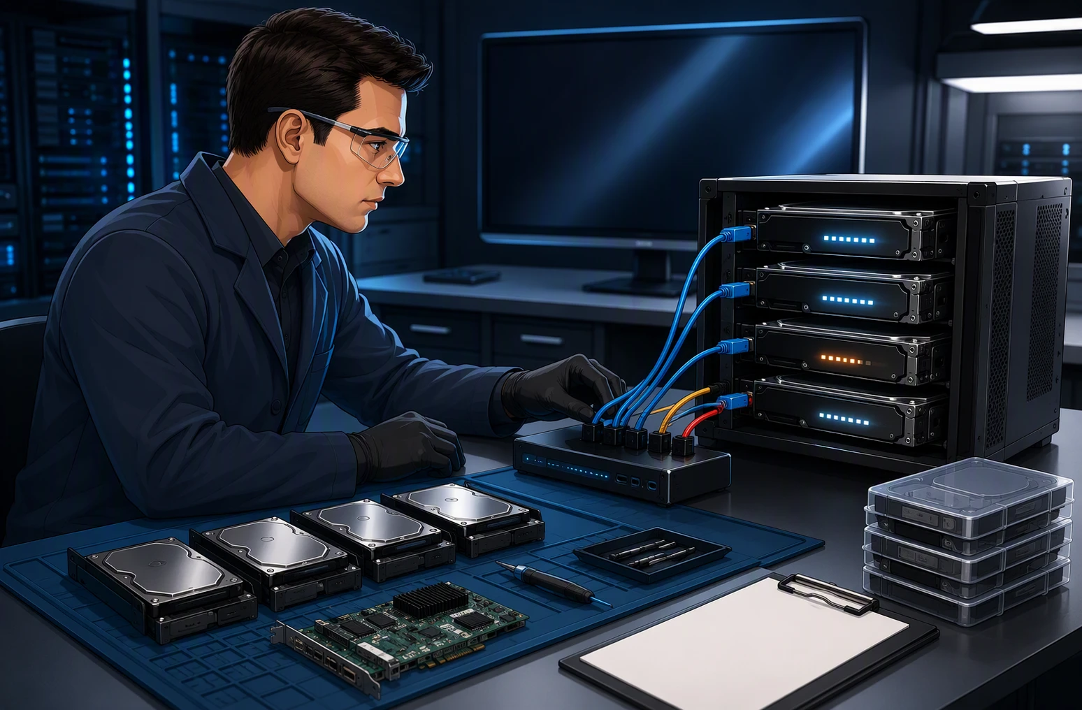 Technician monitors sector imaging across RAID drives