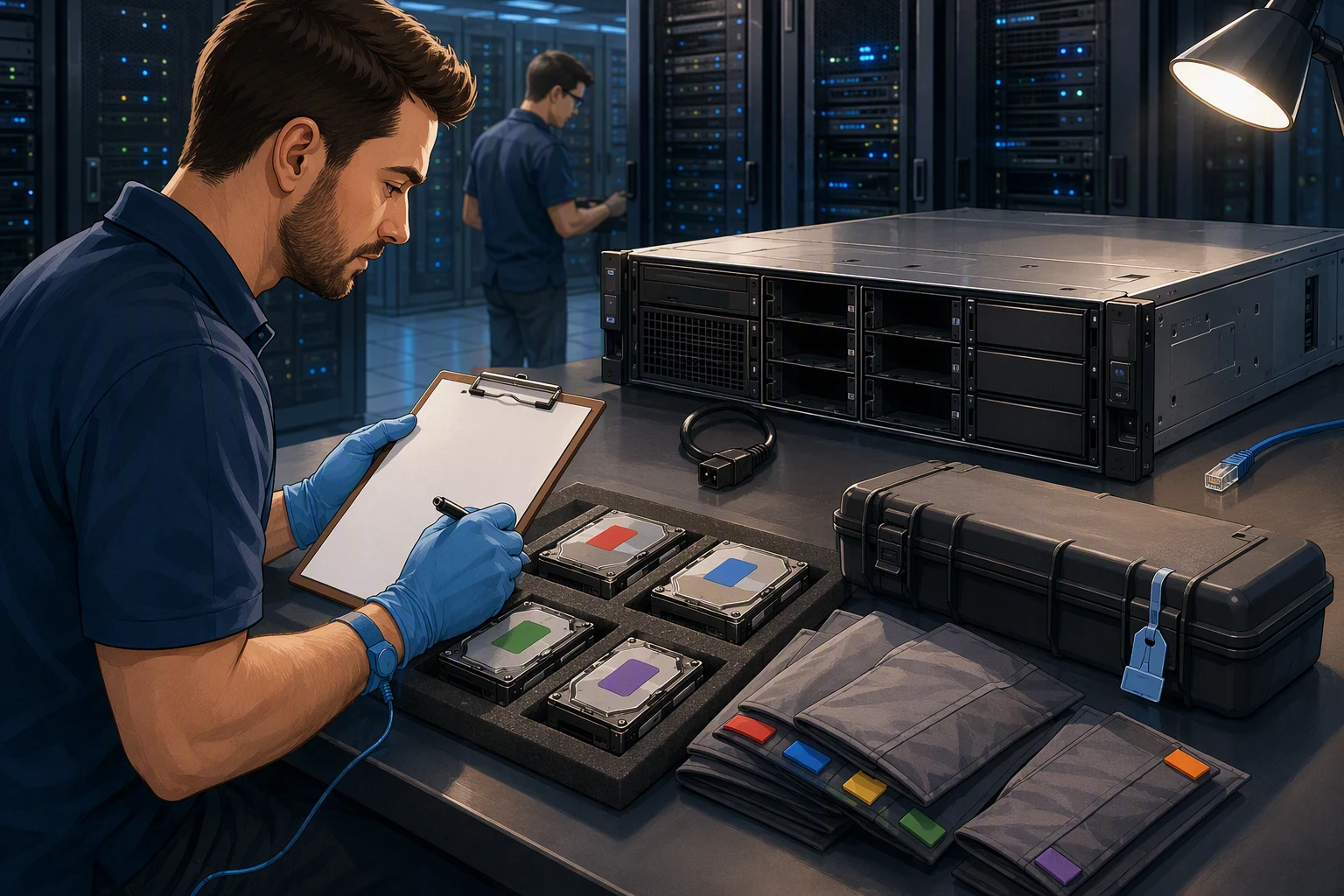 Technician safeguarding RAID drives before recovery